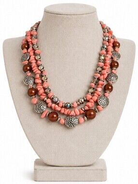 Coral Pink Multi Strand Chunky Statement Necklace Silver Pods